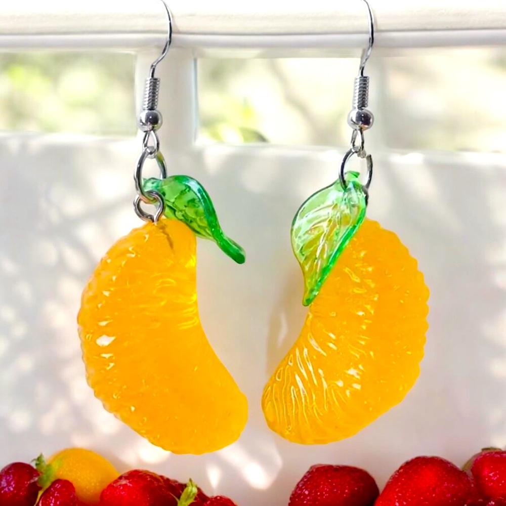 1pair Orange Slice Resin Drop Dangle‎ Earrings Creative Fruit Pendant Earrings - Picture 2 of 10